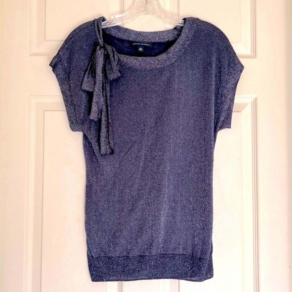 Banana Republic Blue Shimmer Short Sleeve Top with Neckline Ribbon, Size M